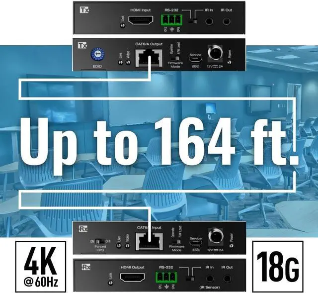 Alt view image 2 of 2 - 4K 18G HDMI Over 50m (164ft) CAT5e/6 Extender Set with HDR, Power Over Cat, IR or RS-232