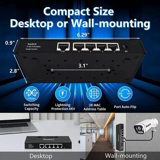 Alt view image 4 of 7 - 2.5G Uplink Ethernet Splitter,2.5Gb Uplink Port&4×1000Mbps Ethernet Port,Home Multi-Gigabit Network Hub Switch,Unmanaged Plug&Play,Metal Case,Desktop/Wall-Mount