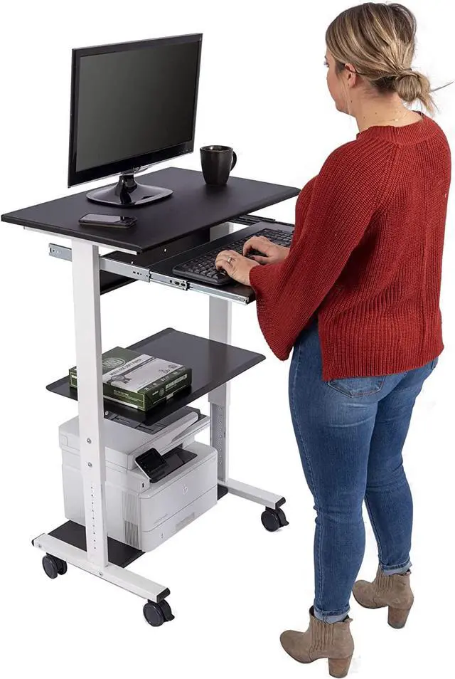 Alt view image 5 of 6 - Stand Up Desk Store Mobile Rolling Adjustable Height Standing Workstation with Printer Shelf and Slideout Keyboard Tray (White Frame/Black Top, 30" Wide)