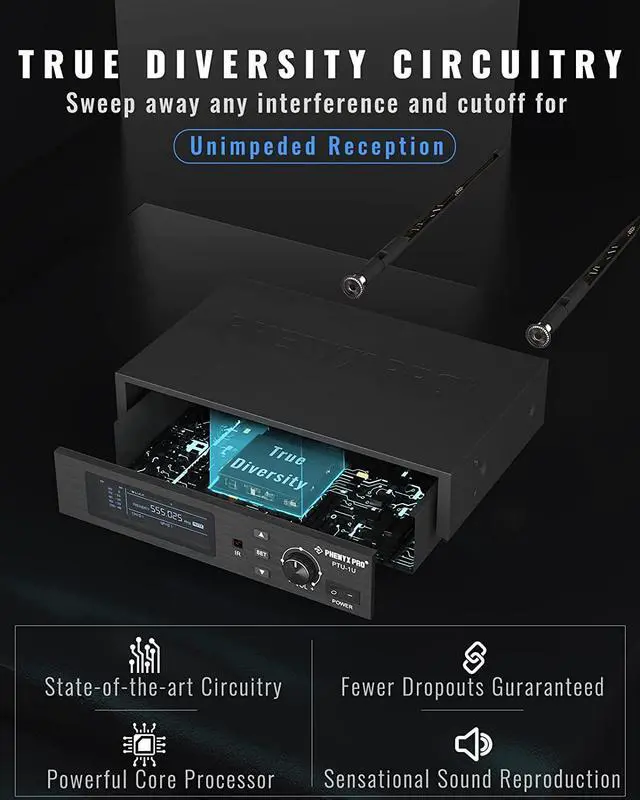 Alt view image 3 of 5 - True Diversity Wireless Microphone System w/ 1000 Tunable Channels, Single Cordless Microphone Set w/Auto Scan, UHF Professional Dynamic Microphone for Singing, Stage & Studio