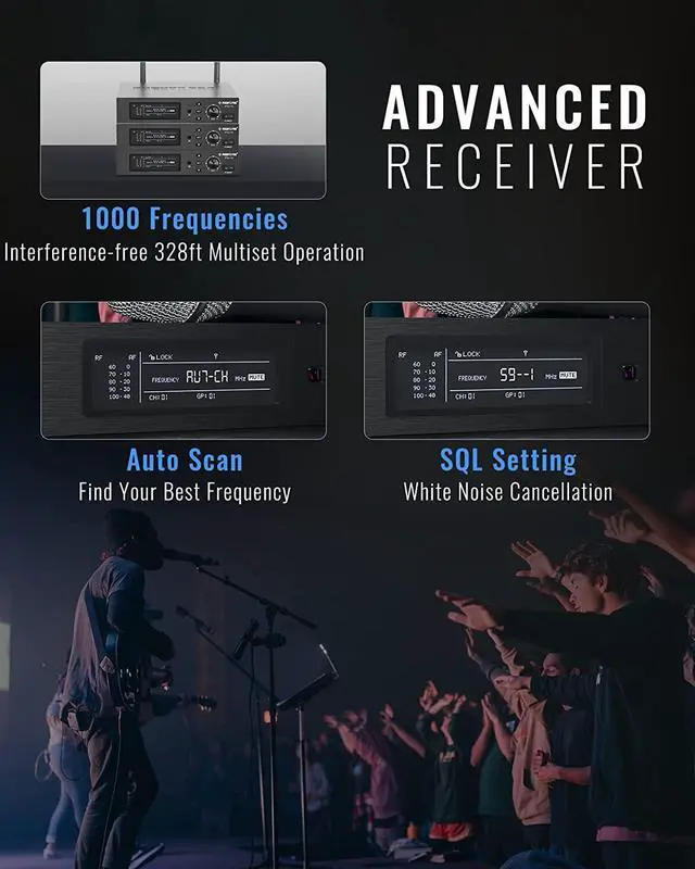 Alt view image 4 of 5 - True Diversity Wireless Microphone System w/ 1000 Tunable Channels, Single Cordless Microphone Set w/Auto Scan, UHF Professional Dynamic Microphone for Singing, Stage & Studio