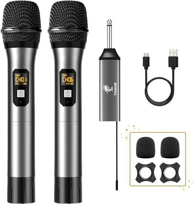 Main image of Wireless Microphone, UHF Dual Cordless Metal Dynamic Mic System with Rechargeable Receiver, for Karaoke Singing, Wedding, DJ, Party, Speech, Church, Class Use, 200ft