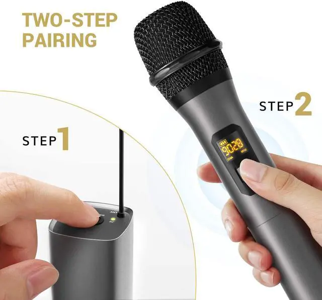 Alt view image 4 of 7 - Wireless Microphone, UHF Dual Cordless Metal Dynamic Mic System with Rechargeable Receiver, for Karaoke Singing, Wedding, DJ, Party, Speech, Church, Class Use, 200ft