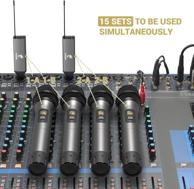 Alt view image 6 of 7 - Wireless Microphone, UHF Dual Cordless Metal Dynamic Mic System with Rechargeable Receiver, for Karaoke Singing, Wedding, DJ, Party, Speech, Church, Class Use, 200ft