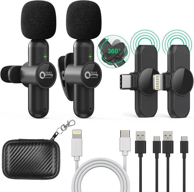 Main image of Microphones for iPhone/ipad/Android, (2 Mics with 2 Receivers) 2.4Hz QTREE Plug-Play Reverberation,Auto-Sync Lapel Microphone for Facebook, YouTube,TikTok,Video Recording,Vloggers