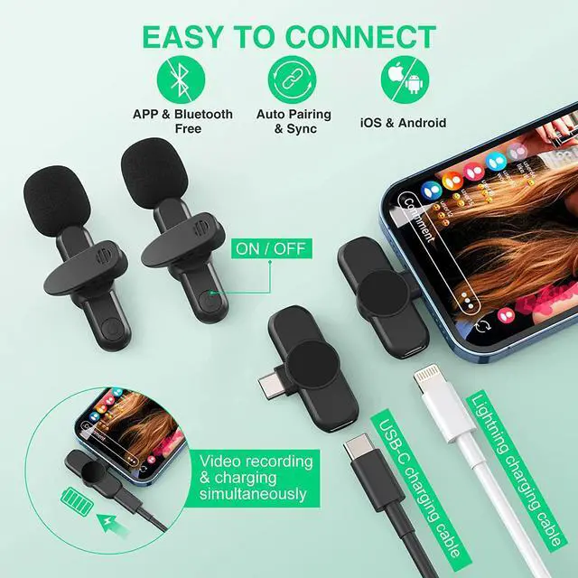 Alt view image 2 of 5 - Microphones for iPhone/ipad/Android, (2 Mics with 2 Receivers) 2.4Hz QTREE Plug-Play Reverberation,Auto-Sync Lapel Microphone for Facebook, YouTube,TikTok,Video Recording,Vloggers