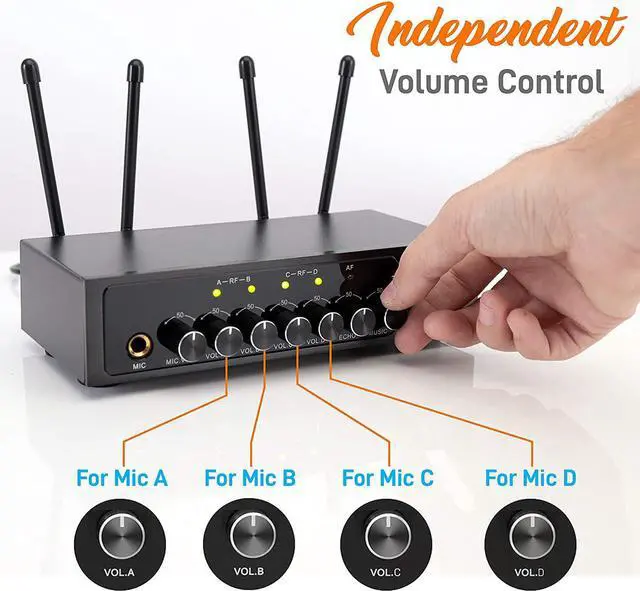 Alt view image 5 of 6 - Portable UHF Wireless Microphone System - Battery Operated Four Bluetooth Cordless Microphone Set with 50 Channels Selectable Frequency, Receiver Base, AUX, for PA Karaoke DJ Party - Pyle