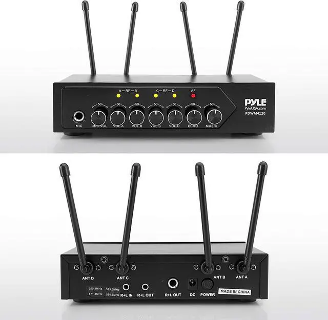Alt view image 3 of 6 - Portable UHF Wireless Microphone System - Battery Operated Four Bluetooth Cordless Microphone Set with 50 Channels Selectable Frequency, Receiver Base, AUX, for PA Karaoke DJ Party - Pyle