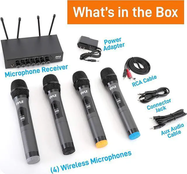 Alt view image 6 of 6 - Portable UHF Wireless Microphone System - Battery Operated Four Bluetooth Cordless Microphone Set with 50 Channels Selectable Frequency, Receiver Base, AUX, for PA Karaoke DJ Party - Pyle