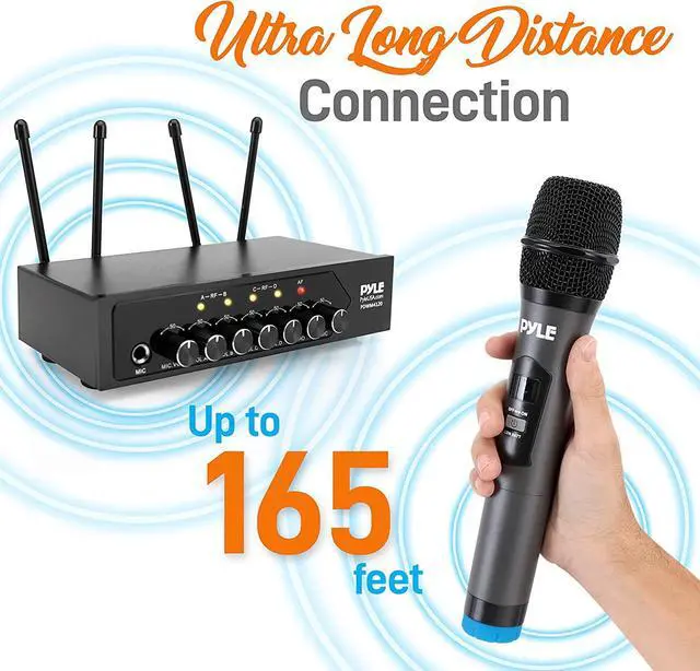 Alt view image 4 of 6 - Portable UHF Wireless Microphone System - Battery Operated Four Bluetooth Cordless Microphone Set with 50 Channels Selectable Frequency, Receiver Base, AUX, for PA Karaoke DJ Party - Pyle