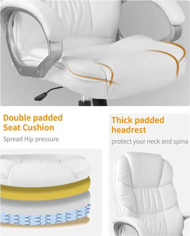 Alt view image 2 of 7 - Office Chair Computer High Back Adjustable Ergonomic Desk Chair Executive PU Leather Swivel Task Chair with Armrests Lumbar Support (White)