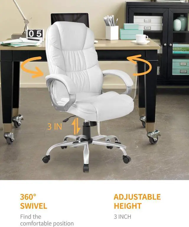 Alt view image 4 of 7 - Office Chair Computer High Back Adjustable Ergonomic Desk Chair Executive PU Leather Swivel Task Chair with Armrests Lumbar Support (White)