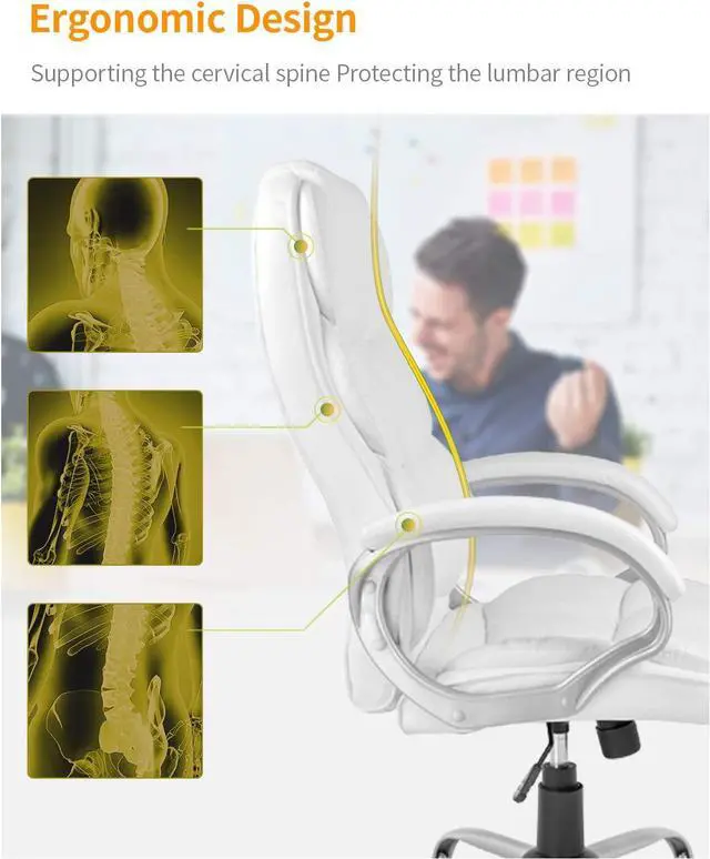 Alt view image 5 of 7 - Office Chair Computer High Back Adjustable Ergonomic Desk Chair Executive PU Leather Swivel Task Chair with Armrests Lumbar Support (White)