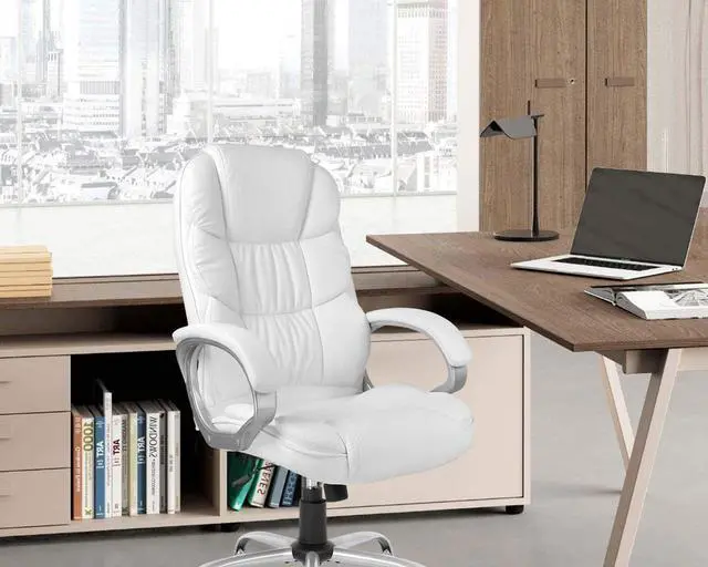 Alt view image 6 of 7 - Office Chair Computer High Back Adjustable Ergonomic Desk Chair Executive PU Leather Swivel Task Chair with Armrests Lumbar Support (White)