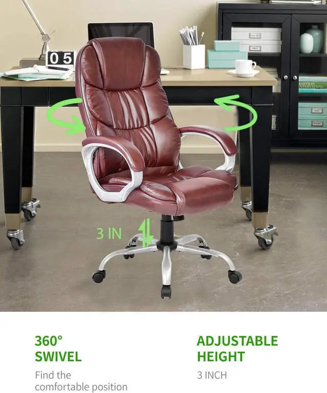 Alt view image 4 of 7 - Office Chair Computer High Back Adjustable Ergonomic Desk Chair Executive PU Leather Swivel Task Chair with Armrests Lumbar Support (Brown)