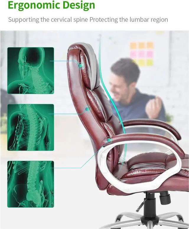 Alt view image 5 of 7 - Office Chair Computer High Back Adjustable Ergonomic Desk Chair Executive PU Leather Swivel Task Chair with Armrests Lumbar Support (Brown)