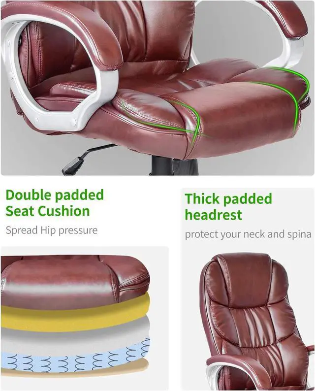 Alt view image 3 of 7 - Office Chair Computer High Back Adjustable Ergonomic Desk Chair Executive PU Leather Swivel Task Chair with Armrests Lumbar Support (Brown)