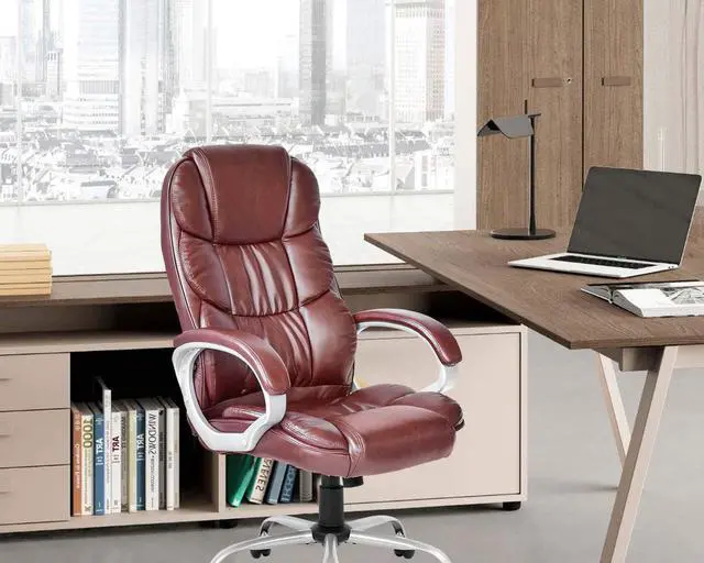 Alt view image 6 of 7 - Office Chair Computer High Back Adjustable Ergonomic Desk Chair Executive PU Leather Swivel Task Chair with Armrests Lumbar Support (Brown)