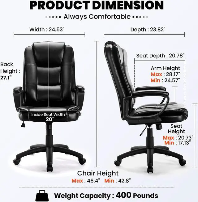 Alt view image 7 of 7 - 400LBS Home Office Chair, Big and Tall Office Chair, Heavy Duty Executive Chair, Computer Desk Chair with Lumbar Support, PU Leather, High Back, Adjustable Height & Swivel Chair with Armrest