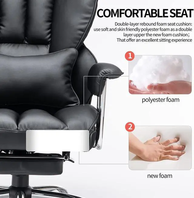 Alt view image 2 of 7 - Desk Office Chair Big High Back Chair PU Leather Computer Chair Managerial Executive Swivel Chair with Lumbar Support (Black)