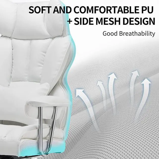 Alt view image 4 of 7 - Desk Office Chair Big High Back Chair PU Leather Computer Chair Managerial Executive Swivel Chair with Lumbar Support (White)