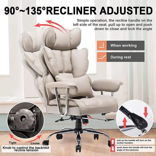 Alt view image 3 of 7 - Desk Office Chair Big High Back Chair PU Leather Computer Chair Managerial Executive Swivel Chair with Lumbar Support (Grey)
