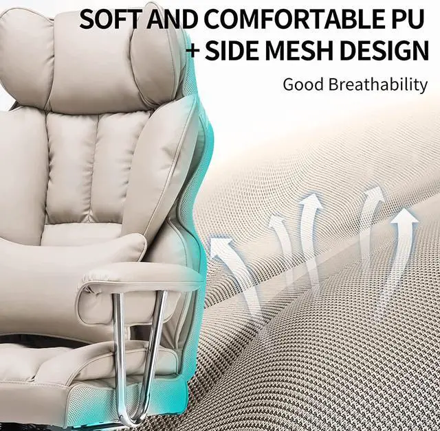 Alt view image 4 of 7 - Desk Office Chair Big High Back Chair PU Leather Computer Chair Managerial Executive Swivel Chair with Lumbar Support (Grey)