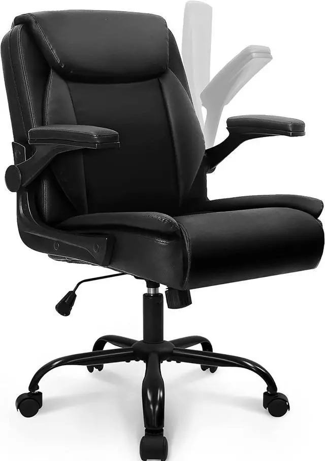 Main image of Office Chair Adjustable Desk Chair Mid Back Executive Desk Comfortable PU Leather Chair Ergonomic Gaming Chair Back Support Home Computer Desk with Flip-up Armrest Swivel Wheels (Jet Black)