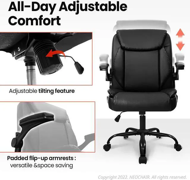 Alt view image 3 of 7 - Office Chair Adjustable Desk Chair Mid Back Executive Desk Comfortable PU Leather Chair Ergonomic Gaming Chair Back Support Home Computer Desk with Flip-up Armrest Swivel Wheels (Jet Black)