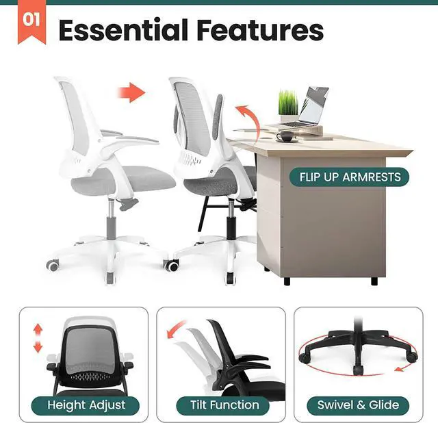 Alt view image 2 of 6 - Office Desk Chair Computer Gaming Chair with Executive Ergonomic Lumbar Back Support Flip-up Padded Armrest Adjustable Height and Wheels for Home or Office (Grey)
