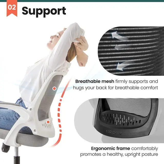 Alt view image 3 of 6 - Office Desk Chair Computer Gaming Chair with Executive Ergonomic Lumbar Back Support Flip-up Padded Armrest Adjustable Height and Wheels for Home or Office (Grey)