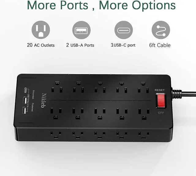 Alt view image 7 of 7 - Power Strip 23 in 1, 20 Outlets Surge Protector Wall Mount with 2 USB Ports + 1 USB C Port 3.1A Total, Multi Plug Extension Cord 6ft Heavy Duty, USB Charging Station for Multiple Devices, Home, Office