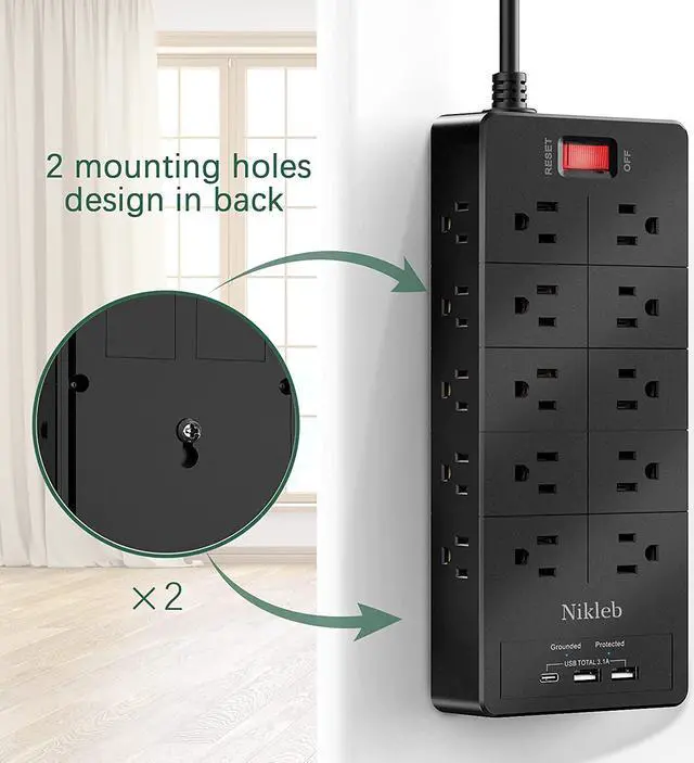 Alt view image 5 of 7 - Power Strip 23 in 1, 20 Outlets Surge Protector Wall Mount with 2 USB Ports + 1 USB C Port 3.1A Total, Multi Plug Extension Cord 6ft Heavy Duty, USB Charging Station for Multiple Devices, Home, Office