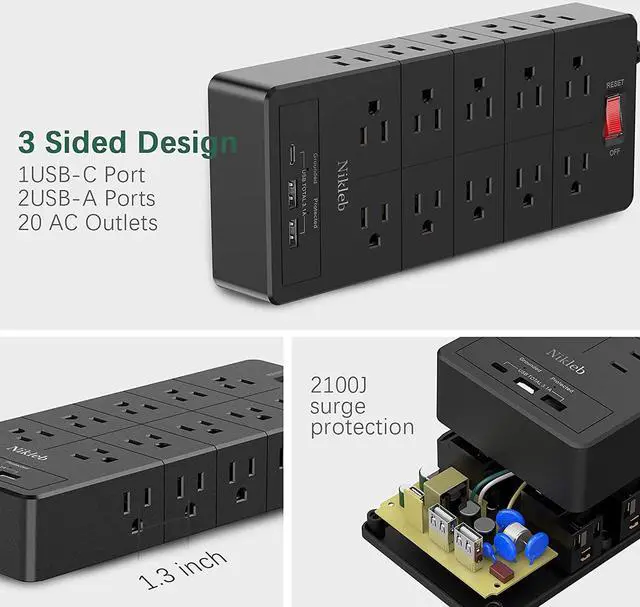Alt view image 6 of 7 - Power Strip 23 in 1, 20 Outlets Surge Protector Wall Mount with 2 USB Ports + 1 USB C Port 3.1A Total, Multi Plug Extension Cord 6ft Heavy Duty, USB Charging Station for Multiple Devices, Home, Office
