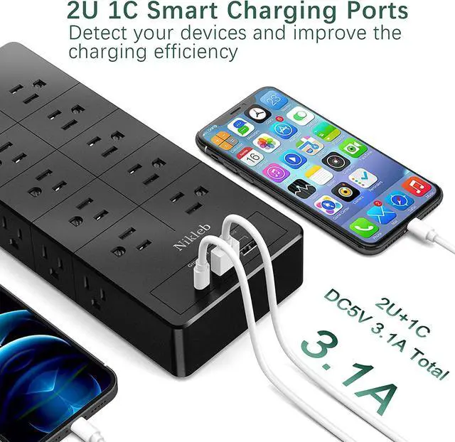 Alt view image 4 of 7 - Power Strip 23 in 1, 20 Outlets Surge Protector Wall Mount with 2 USB Ports + 1 USB C Port 3.1A Total, Multi Plug Extension Cord 6ft Heavy Duty, USB Charging Station for Multiple Devices, Home, Office