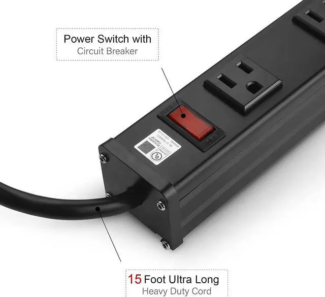 Alt view image 3 of 7 - Long Heavy Duty Power Strip, 16 Outlet Large Metal Power Strip, Garage Workshop Multi Wide Industrial Power Strip. 15 FT Cord 15A, 125V, 1875W