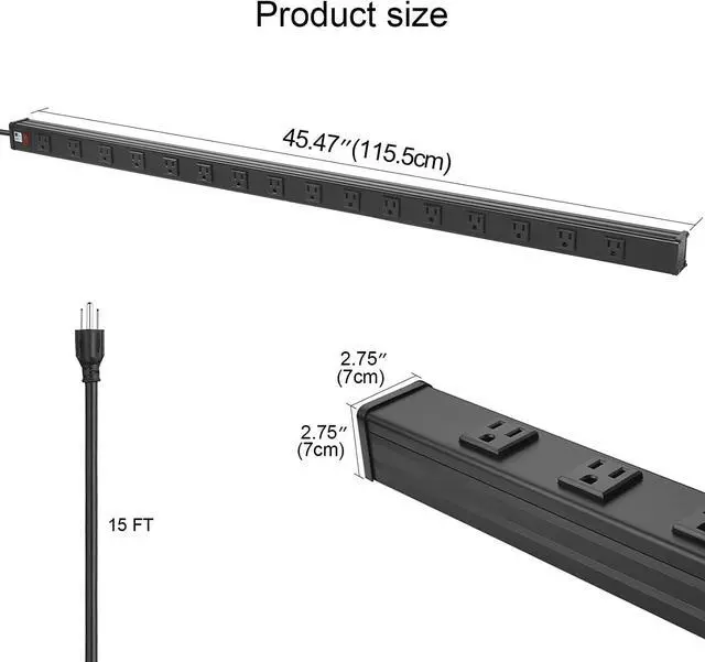 Alt view image 2 of 7 - Long Heavy Duty Power Strip, 16 Outlet Large Metal Power Strip, Garage Workshop Multi Wide Industrial Power Strip. 15 FT Cord 15A, 125V, 1875W