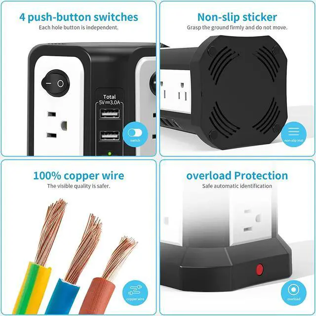 Alt view image 6 of 6 - Surge Protector Tower with USB C(PD18W) Port,Power Strip Tower with 4 USB A Ports, Flat Plug 10FT Extension Cord with 12 AC Multiple Outlets,1800J Surge Protection for Home Office DormRoom