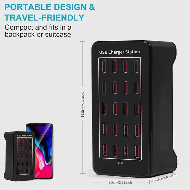 Alt view image 2 of 7 - 20-Port 100 W(20 A) Multiple USB Charger Station,Multiport USB Charging Station with Intelligent Detection, Compatible with Smartphones, Tablets, and More Devices