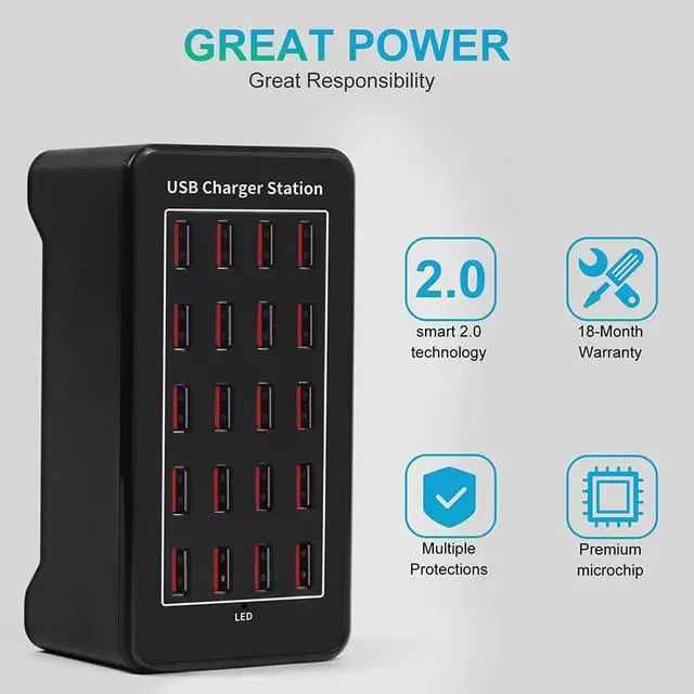 Alt view image 7 of 7 - 20-Port 100 W(20 A) Multiple USB Charger Station,Multiport USB Charging Station with Intelligent Detection, Compatible with Smartphones, Tablets, and More Devices