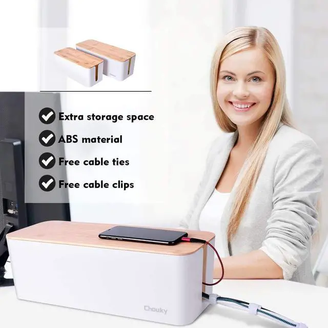 Alt view image 4 of 7 - 2 Pack Large Cable Management Box  Wooden Style Cord Organizer Box and Cover for TV Wires, Computer, Router, USB Hub and Under Desk Power Strip  Safe ABS Material and Baby-Pets Proof Lock (White)