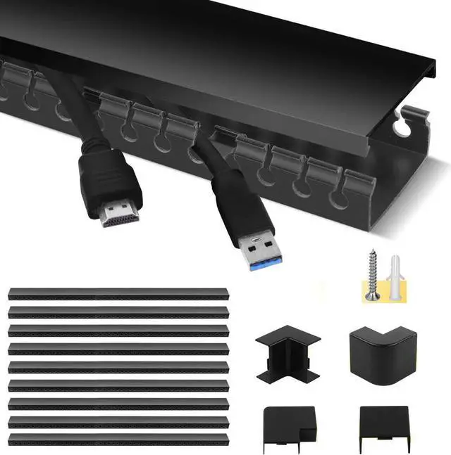 Main image of Cable Raceway Kit, Cable Management System Kit Open Slot Wiring Raceway Duct with Cover, On-Wall Cable Concealer Cord Organizer to Hide Wires Cords for TVs, Computers - 9x15.4inch, Black
