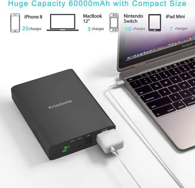 Alt view image 3 of 6 - AC Outlet Portable Charger 60000mAh 110V/130W Laptop Power Bank with AC Outlet, 2 USB QC 3.0 and Type-C for Laptop, CPAP, Drone, Projector, Smartphone and Others