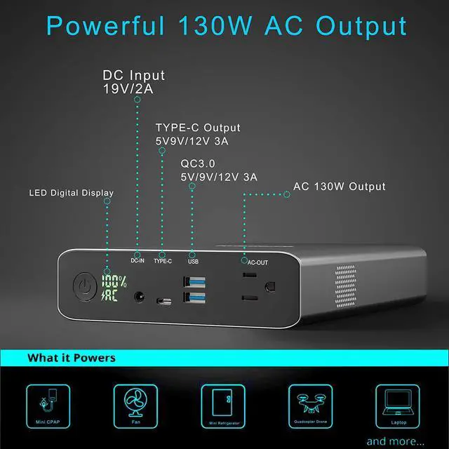 Alt view image 4 of 6 - AC Outlet Portable Charger 60000mAh 110V/130W Laptop Power Bank with AC Outlet, 2 USB QC 3.0 and Type-C for Laptop, CPAP, Drone, Projector, Smartphone and Others