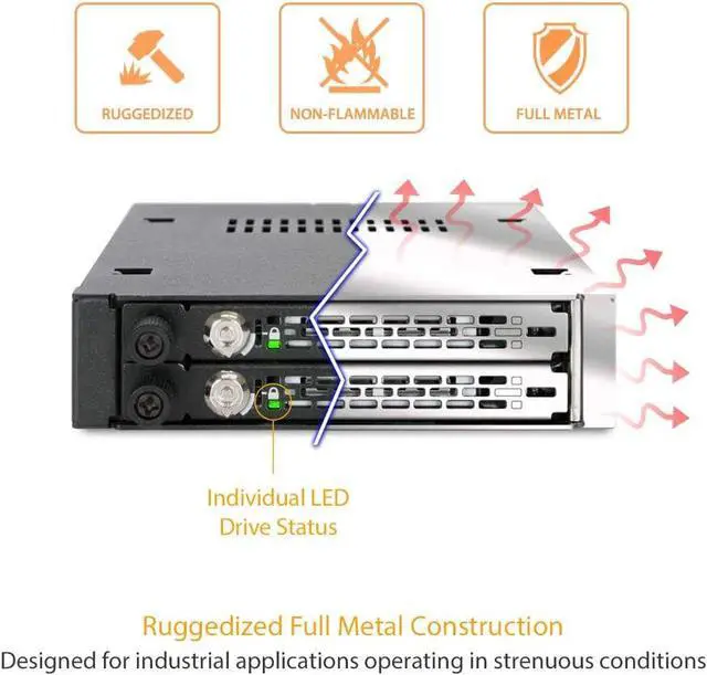 Alt view image 4 of 6 - ICY DOCK Rugged Full Metal 2 x 2.5 SATA/SAS HDD & SSD Mobile Rack for External 3.5" Drive Bay with Key Lock & Thumb Screw Design | ToughArmor MB492SKL-B