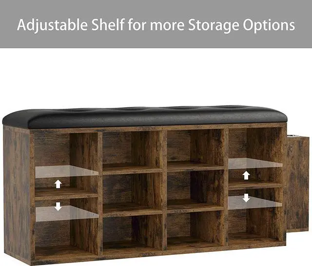 Alt view image 5 of 7 - Shoe Bench, 10 Cubbies Storage Entryway Bench with PU Leather, Cubby Shoe Rack Organizer with Adjustable Shelves for Living Room, Bedroom, Vintage Brown