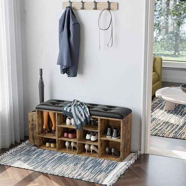 Alt view image 7 of 7 - Shoe Bench, 10 Cubbies Storage Entryway Bench with PU Leather, Cubby Shoe Rack Organizer with Adjustable Shelves for Living Room, Bedroom, Vintage Brown