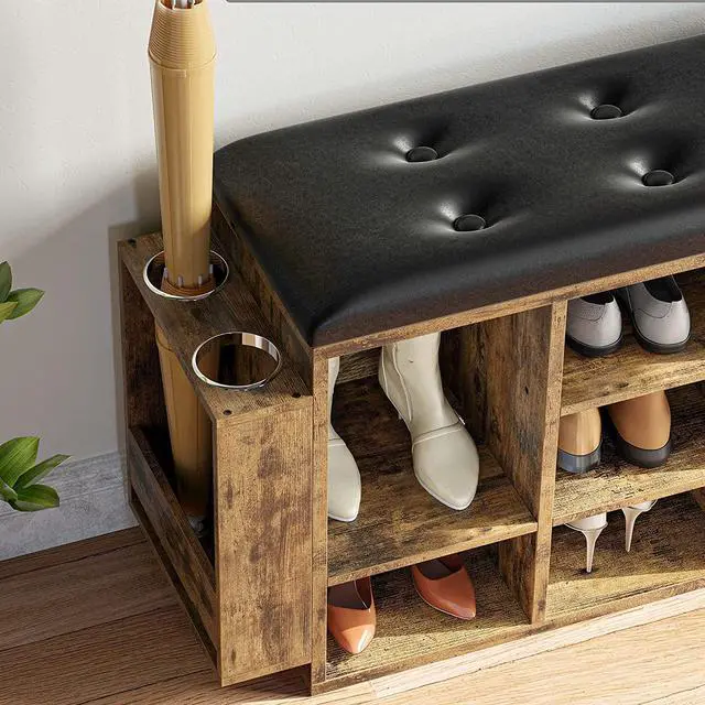 Alt view image 6 of 7 - Shoe Bench, 10 Cubbies Storage Entryway Bench with PU Leather, Cubby Shoe Rack Organizer with Adjustable Shelves for Living Room, Bedroom, Vintage Brown