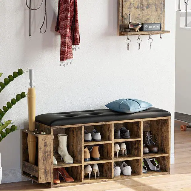 Alt view image 2 of 7 - Shoe Bench, 10 Cubbies Storage Entryway Bench with PU Leather, Cubby Shoe Rack Organizer with Adjustable Shelves for Living Room, Bedroom, Vintage Brown