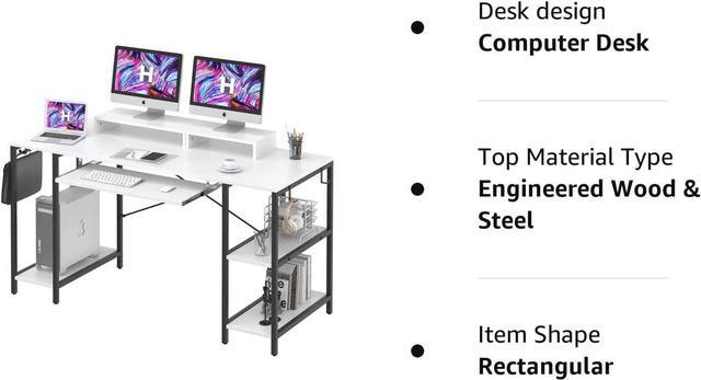 Alt view image 7 of 7 - White Desk with Keyboard Tray, 55 INCH Desk with Storage Shelves Modern Computer Desks for Home Office Study Desk with Monitor Shelf Industrial PC Desk Studio Desk with Iron Hooks